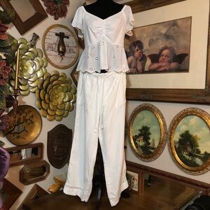 J. Joie White 100%linen SZ L PANTS, JAPNA SZ XL 100%cotton Eyelet Sleeve Top